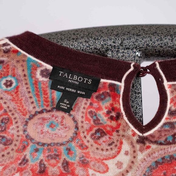 Talbots Pure Merino Wool Patterned Pullover Sweater Reds Teal Size SMALL PETITE - Picture 6 of 6